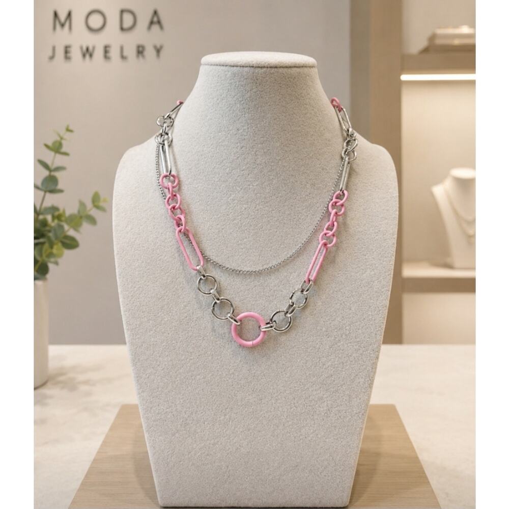 Pomina Silver Pink Layered Necklace New